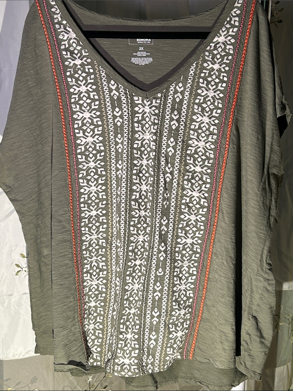 Sonoma Olive Green V-Neck Patterned Tunic with Rust Accents